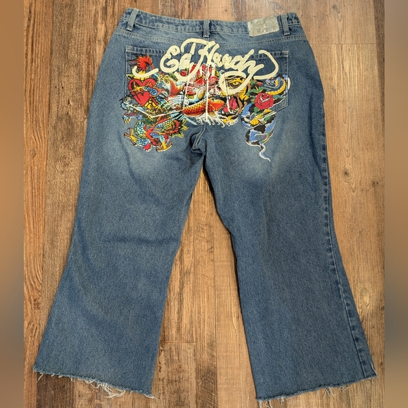 Ed Hardy Y2K Baggy Multi Tattoo Cropped Jeans Heart Dragon Tiger Snake Koi Sz 32 - Picture 4 of 14